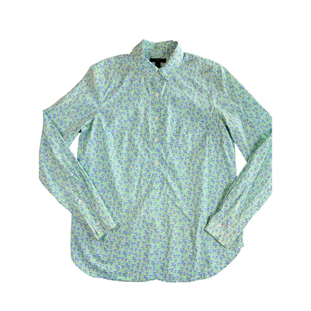 J.Crew Button Down Shirt Womens 4 Green Floral Long Sleeve Popover Cotton